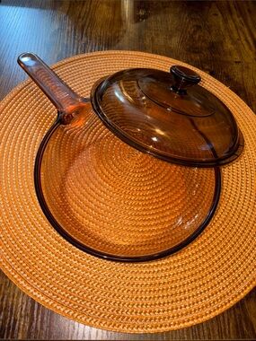 Vintage Vision Corning France Amber Glass 7” Skillet Frying Pan with Lid